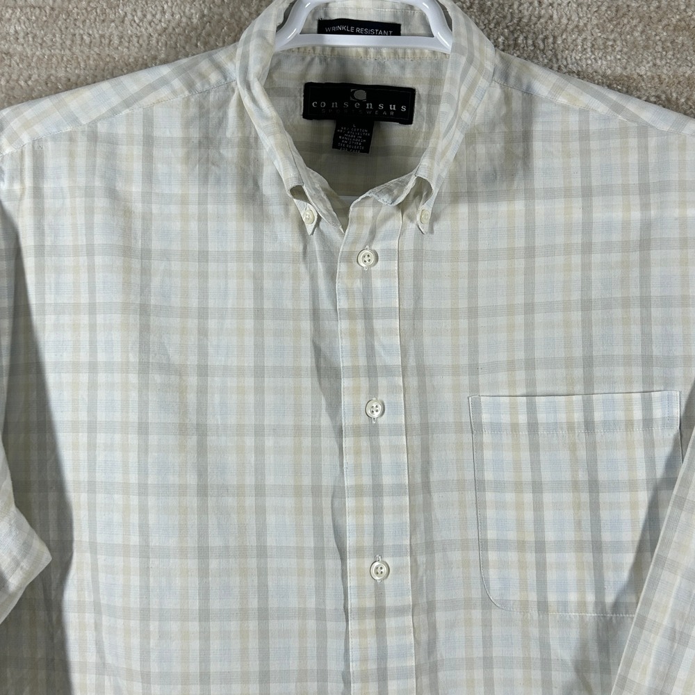 Consensus Mens Quiet Luxury 90s Plaid Button Down Shirt Cream Tan Large L